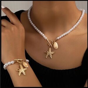 Faux Pearl Choker Chain Necklace and Bracelet Set